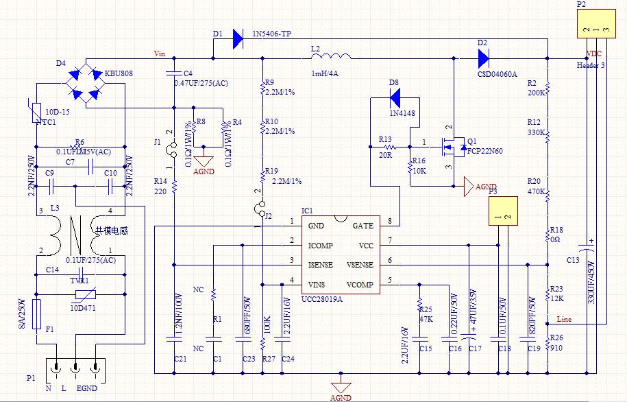 pfc电路的控制芯片是ucc28019a,设计输出400v(500w) 如图所示,在空载