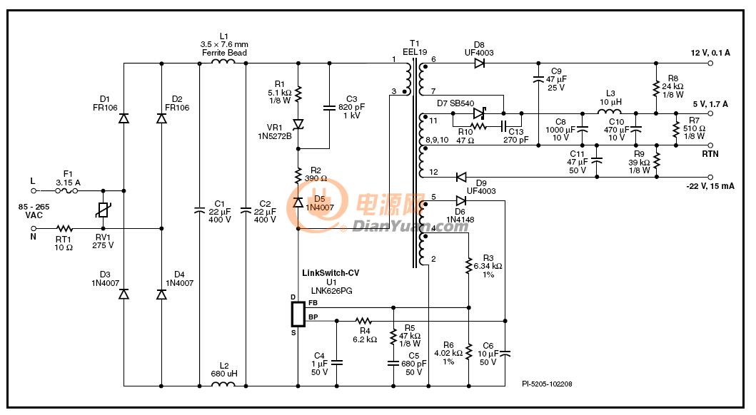 使用lnk626pg设计而成的三路输出初级侧稳 压反激式电源