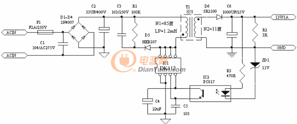 dk112的参考电路怎么计算变压器的线径呢?(附电路图)-电源网