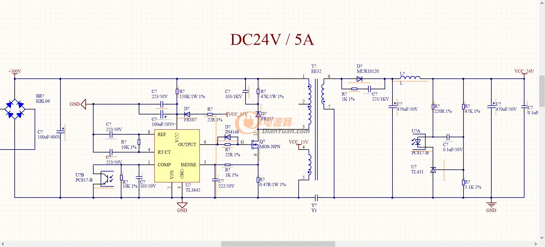 画了一个基于tl3842 24v 120w原理图,请经验老道的老手把把关