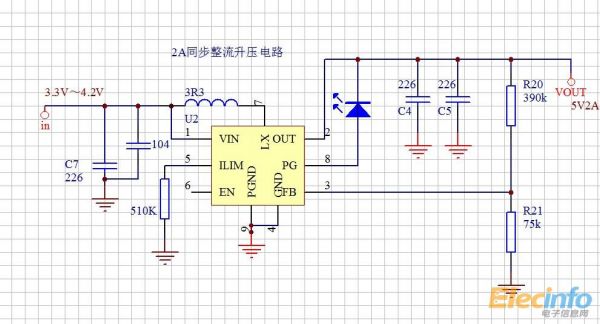 2v同步整流升压5v2a:限流功能,自恢复功能,过温,过压短路多个保护,93%