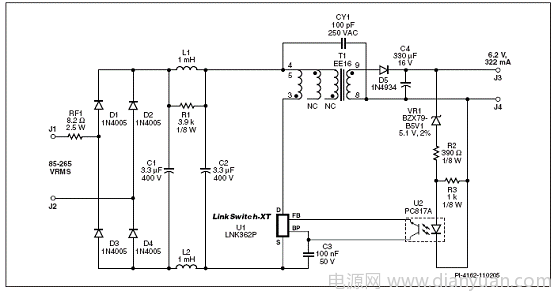 图3.采用lnk362的2 w 通用输入的cv适配器电路图