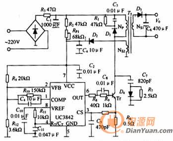 电位器rp1降压后加到uc3842的供电端(7脚),为uc3842提供启动电压,电路